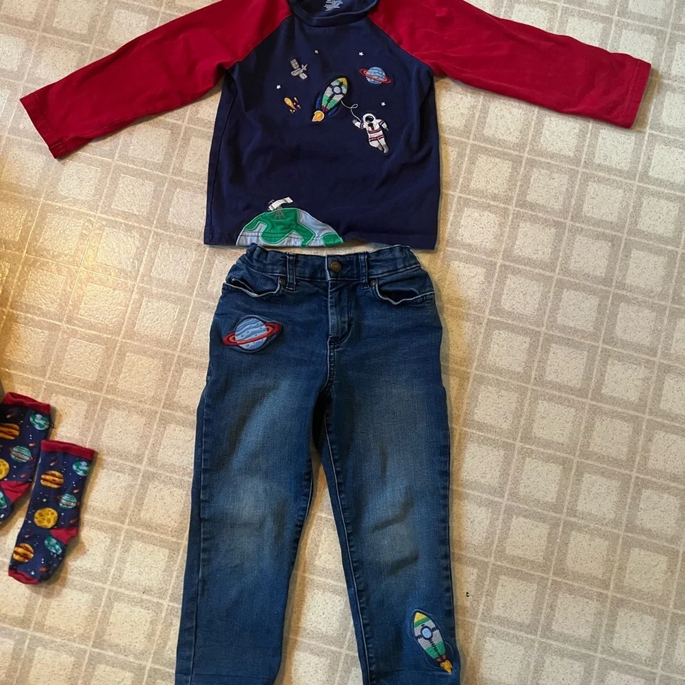 Gymboree Space Stars Spaceship 4T Kids Jacket long T Jeans and socks Lot